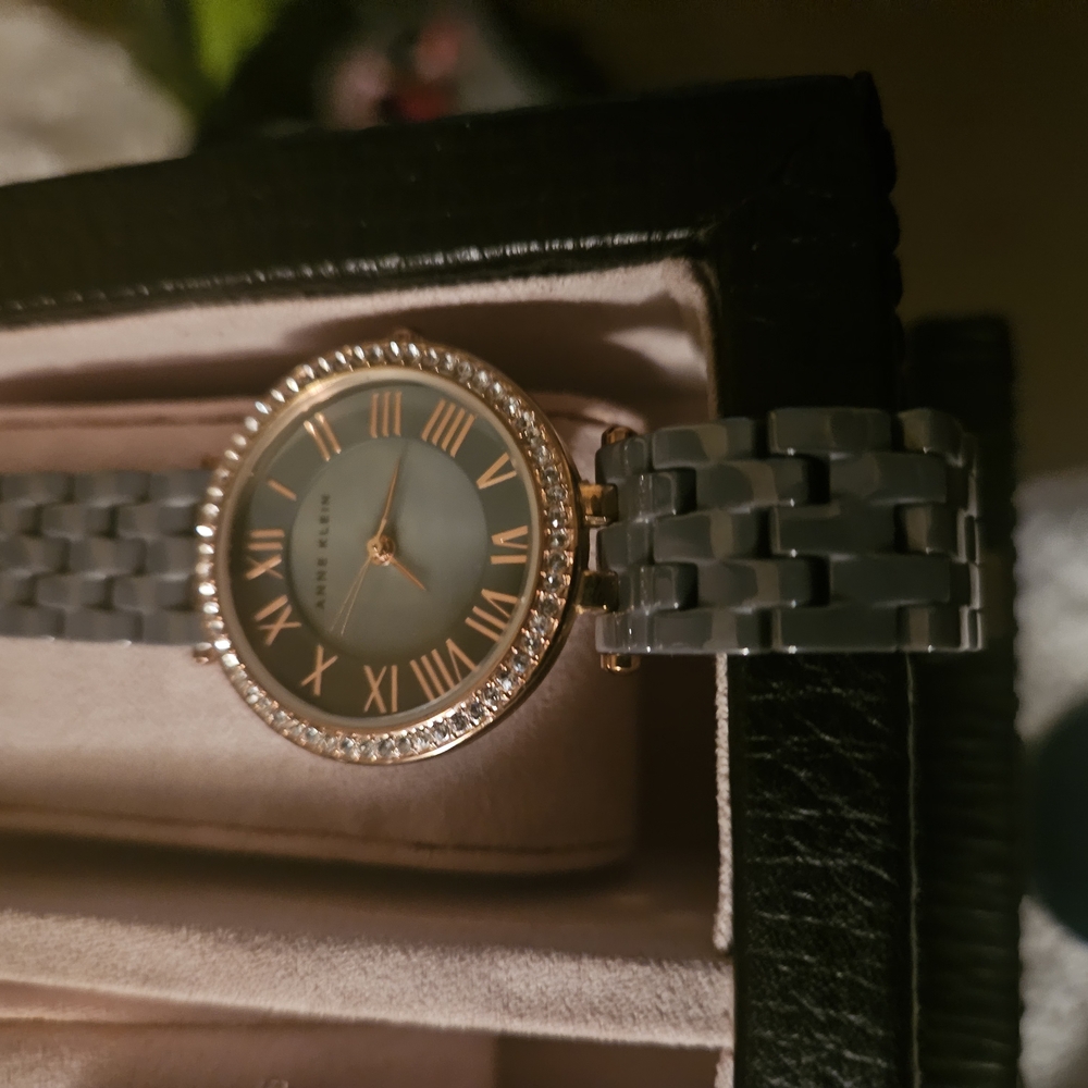 Anne Klein Grey Ceramic Bracelet Watch with Rose Gold Roman Numerals